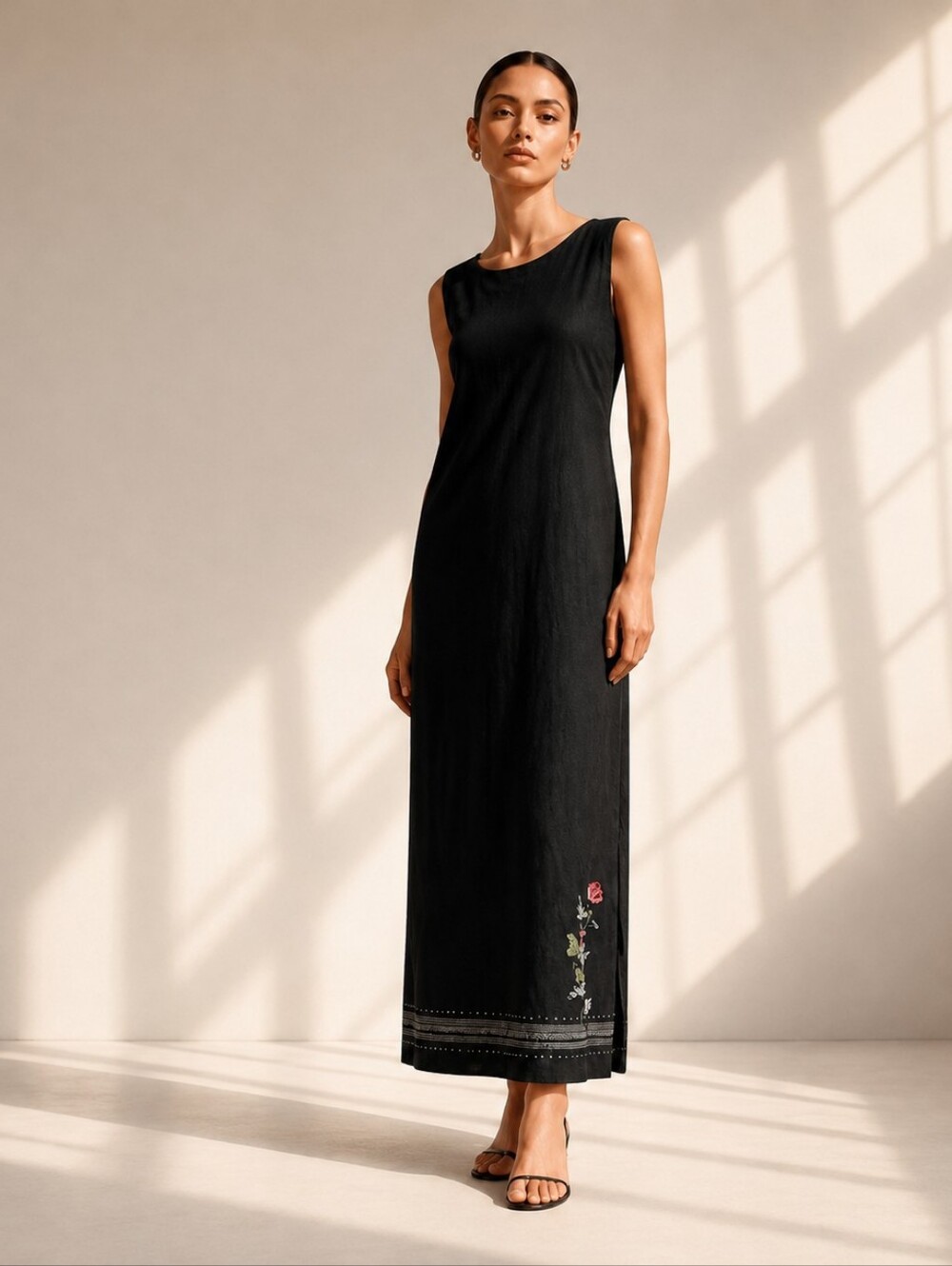Vintage Y2K Jane Ashley Black Linen Blend Dress Embroidered Beaded Size Medium